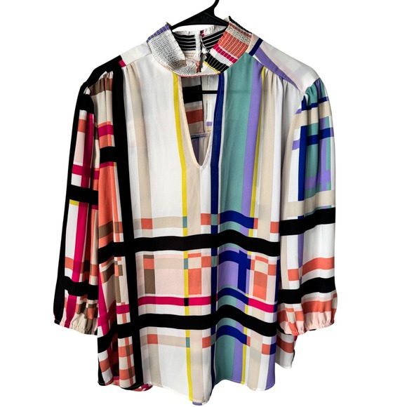 New York & Company Tops - New York & Company 7th Avenue Geometric Plaid Smocked Mock Neck Blouse XL